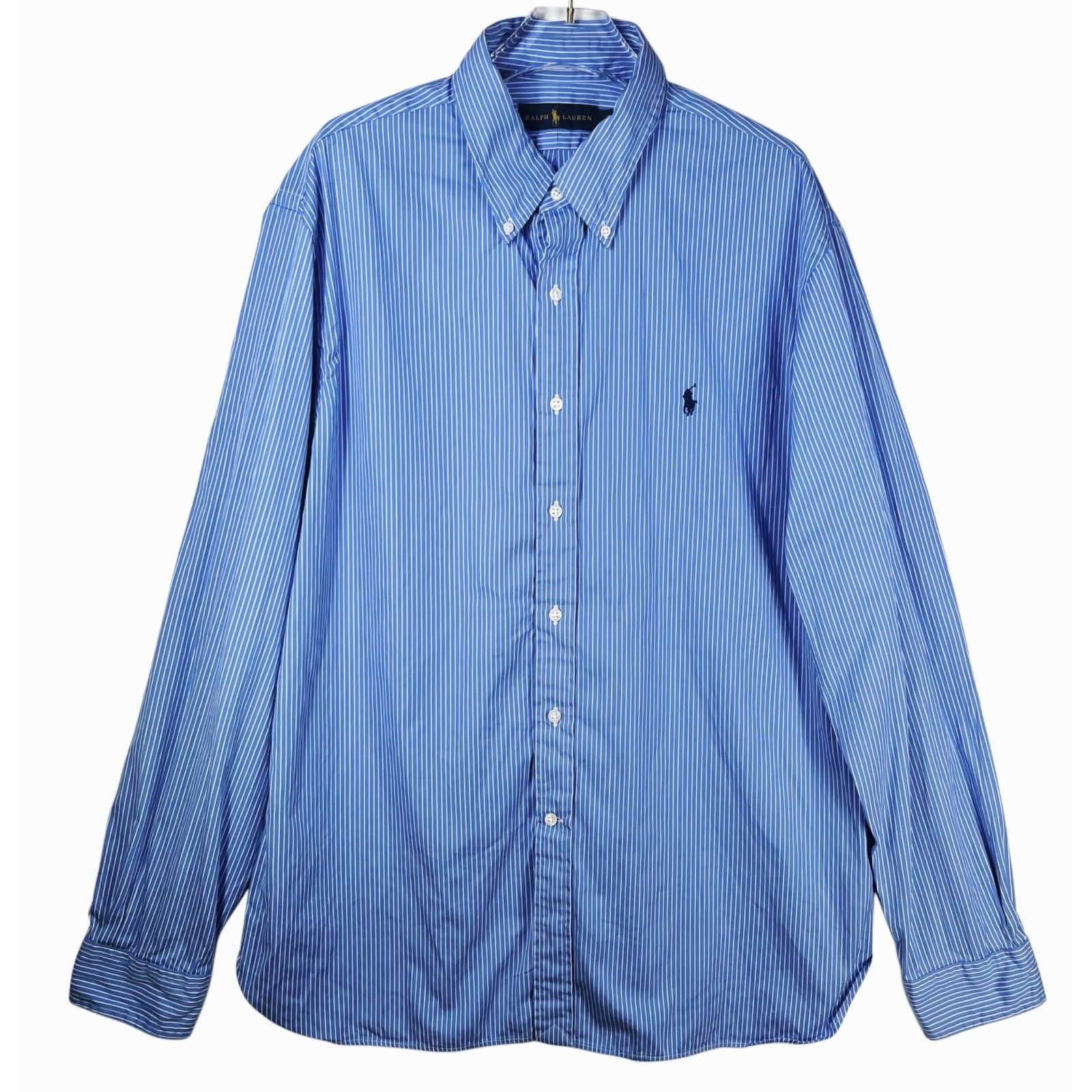 Ralph Lauren Men's 17.5 44 Dress Shirt Button Down Shirt Blue White Stripe